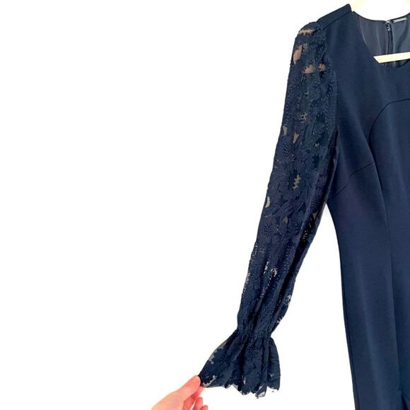 ELIE TAHARI | Navy Lace Sleeved Midi Cocktail Dress (6) - Picture 4 of 6